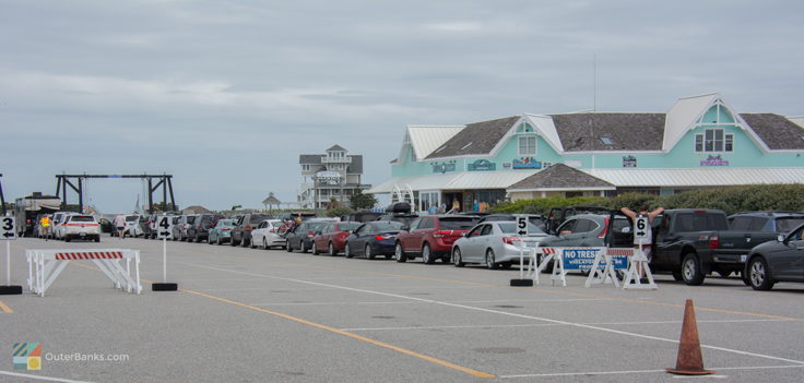 The line for the Hatteras-Ocracoke ferry in Summer